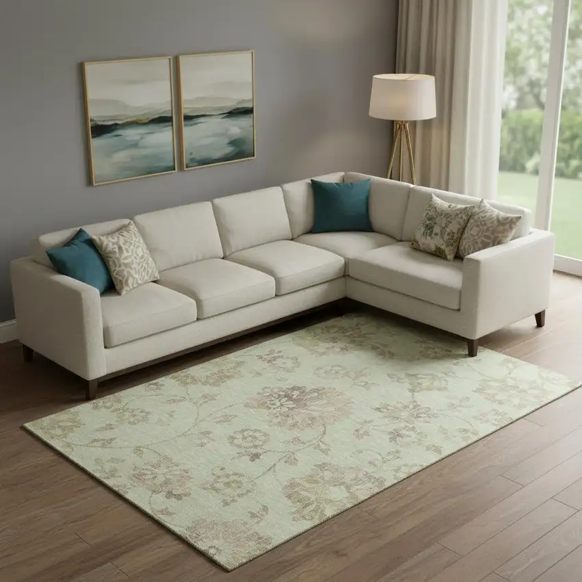 Artichoke Green Taupe And Beige Floral Washable Area Rug With UV Protection Photo 1