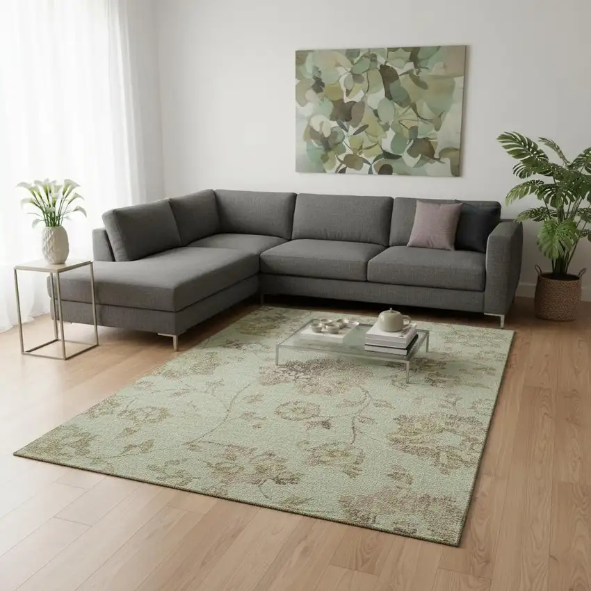 Artichoke Green Taupe And Beige Floral Washable Area Rug With UV Protection Photo 2