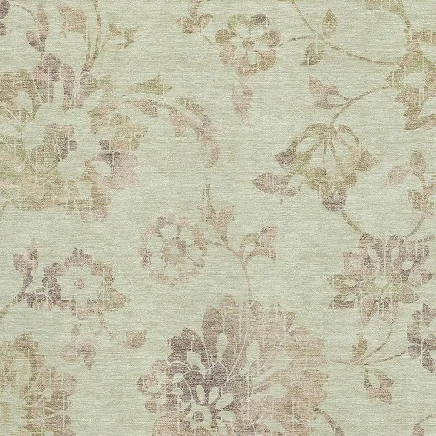 Artichoke Green Taupe And Beige Floral Washable Area Rug With UV Protection Photo 3