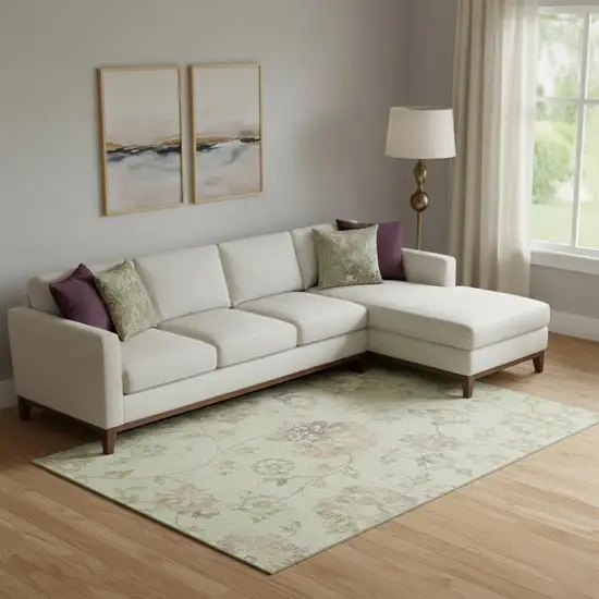 Artichoke Green Taupe And Beige Floral Washable Area Rug With UV Protection Photo 1