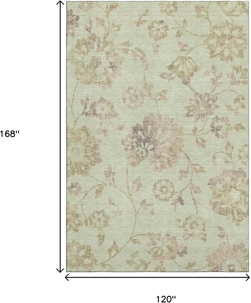 Artichoke Green Taupe And Beige Floral Washable Area Rug With UV Protection Photo 9