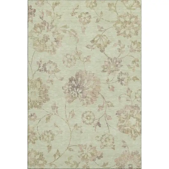Artichoke Green Taupe And Beige Floral Washable Area Rug With UV Protection Photo 1