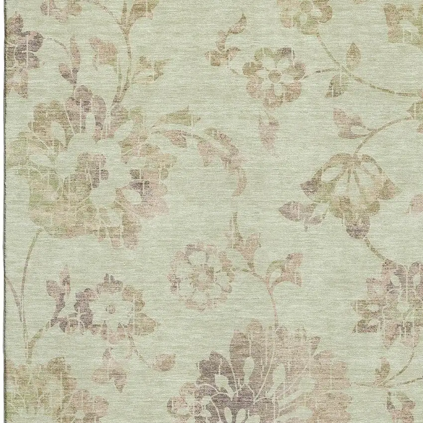 Artichoke Green Taupe And Beige Floral Washable Area Rug With UV Protection Photo 3