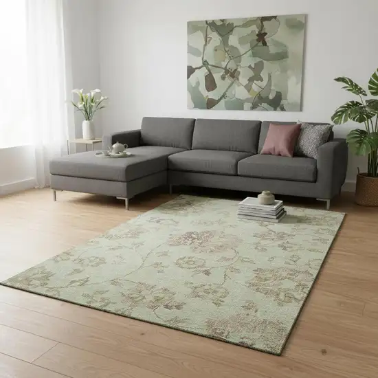 Artichoke Green Taupe And Beige Floral Washable Area Rug With UV Protection Photo 2
