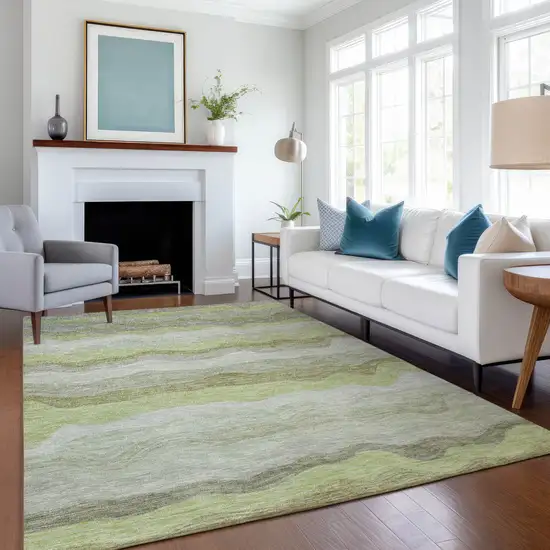 Artichoke Green Taupe And Beige Striped Washable Indoor Outdoor Area Rug Photo 5