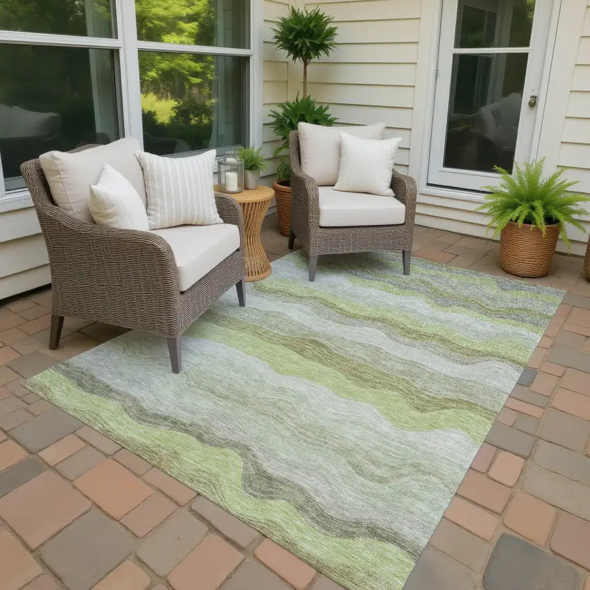 Artichoke Green Taupe And Beige Striped Washable Indoor Outdoor Area Rug Photo 3