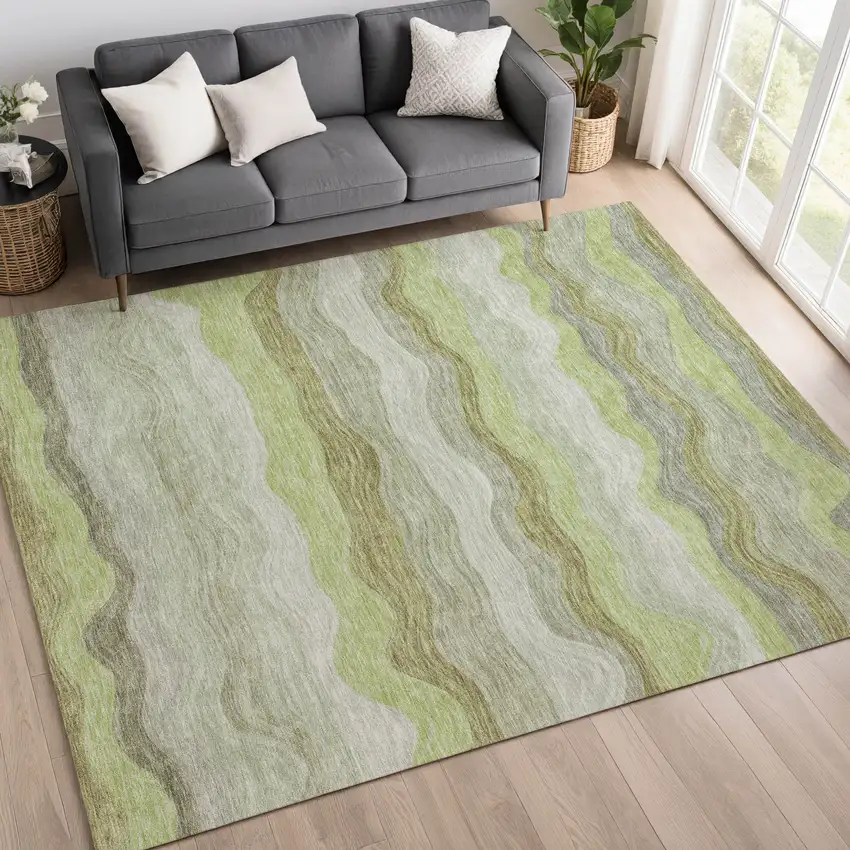 Artichoke Green Taupe And Beige Striped Washable Indoor Outdoor Area Rug Photo 5