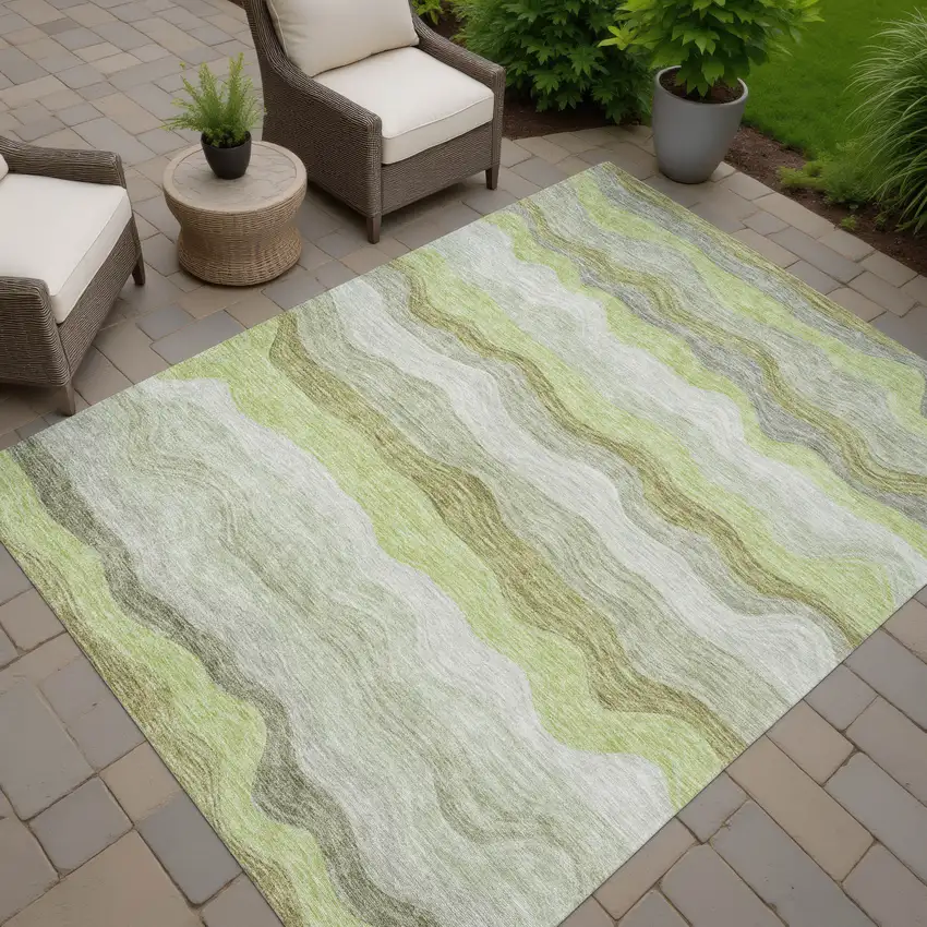 Artichoke Green Taupe And Beige Striped Washable Indoor Outdoor Area Rug Photo 7