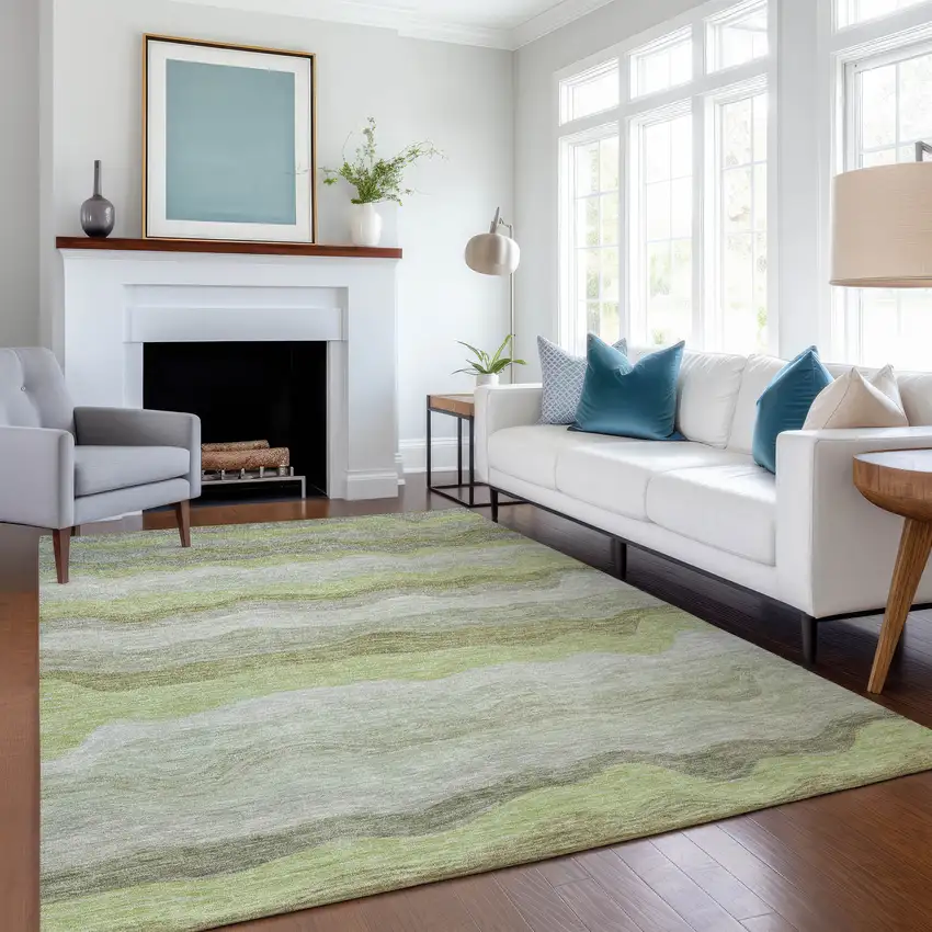 Artichoke Green Taupe And Beige Striped Washable Indoor Outdoor Area Rug Photo 6