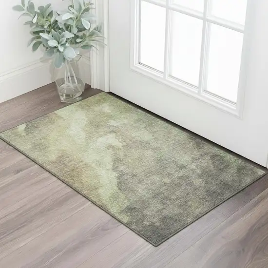 Artichoke Green Taupe And Brown Abstract Washable Area Rug With UV Protection Photo 2