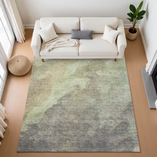 Artichoke Green Taupe And Brown Abstract Washable Area Rug With UV Protection Photo 3