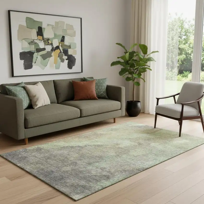 Artichoke Green Taupe And Brown Abstract Washable Area Rug With UV Protection Photo 2