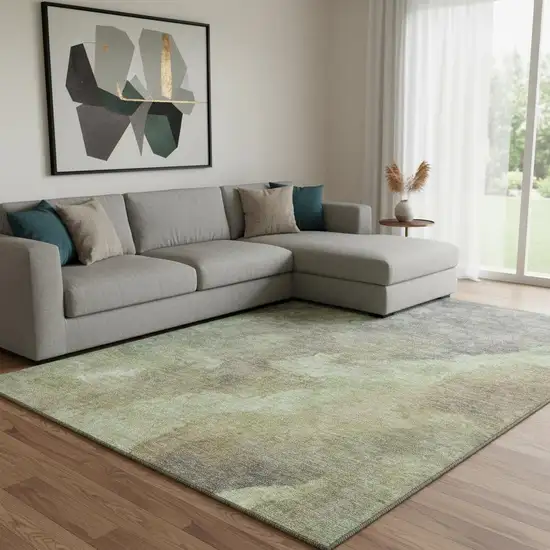 Artichoke Green Taupe And Brown Abstract Washable Area Rug With UV Protection Photo 2