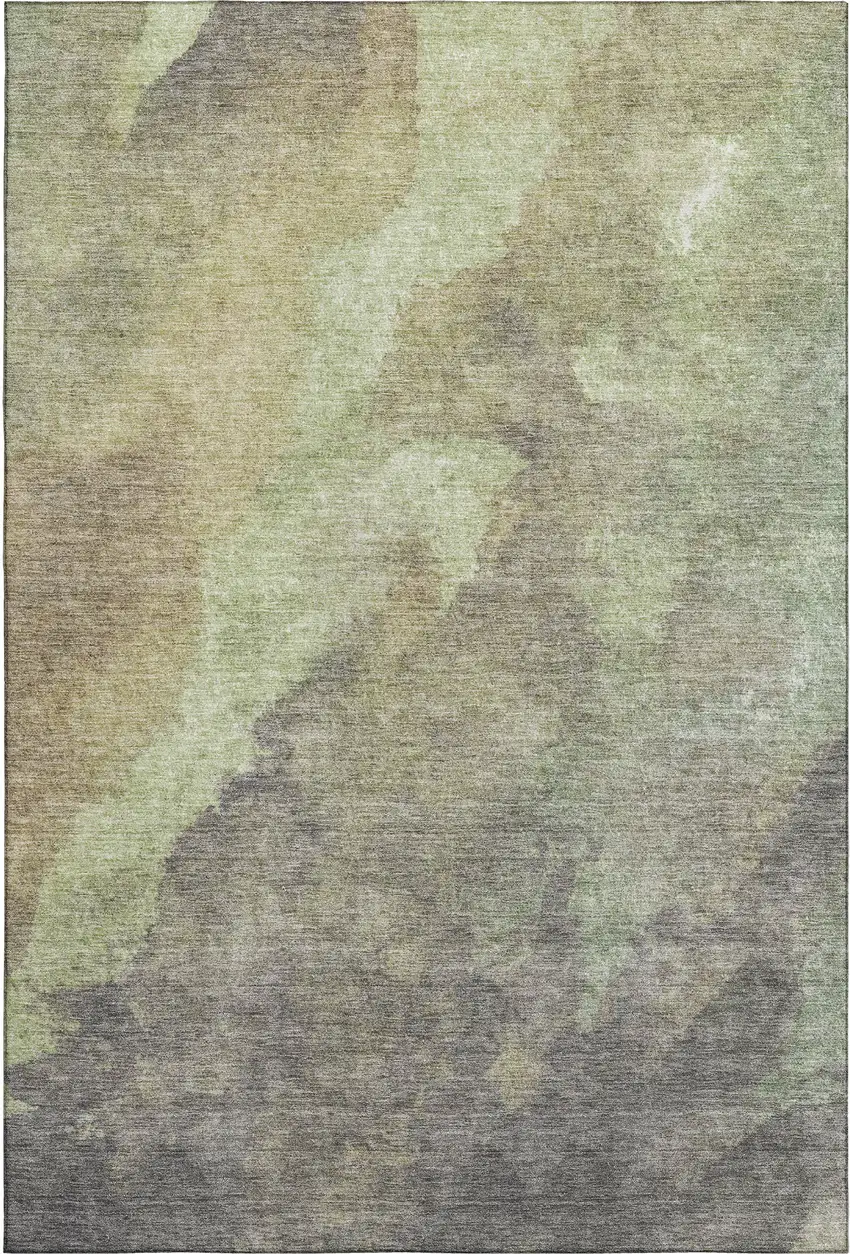 Artichoke Green Taupe And Brown Abstract Washable Area Rug With UV Protection Photo 1