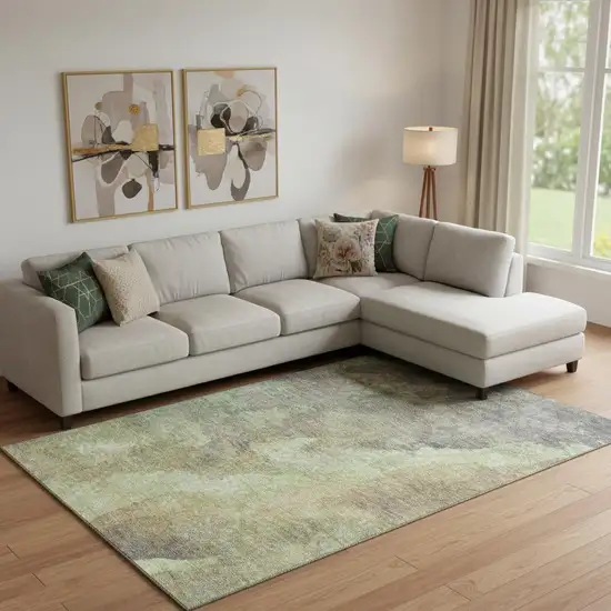 Artichoke Green Taupe And Brown Abstract Washable Area Rug With UV Protection Photo 2