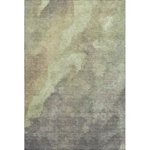 Photo of Artichoke Green Taupe And Brown Abstract Washable Area Rug With UV Protection
