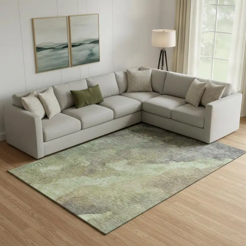 Artichoke Green Taupe And Brown Abstract Washable Area Rug With UV Protection Photo 2