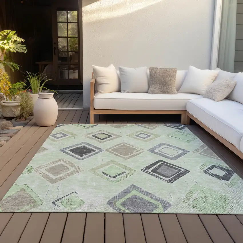 Artichoke Green Taupe And Gray Geometric Washable Indoor Outdoor Area Rug Photo 5