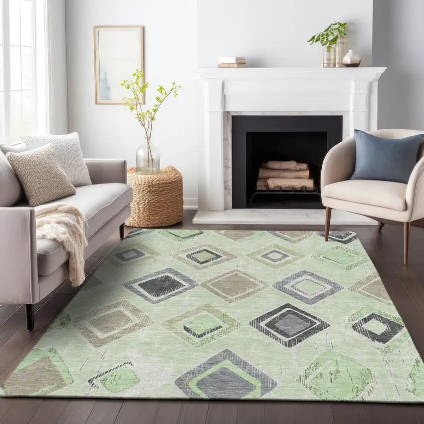 Artichoke Green Taupe And Gray Geometric Washable Indoor Outdoor Area Rug Photo 8