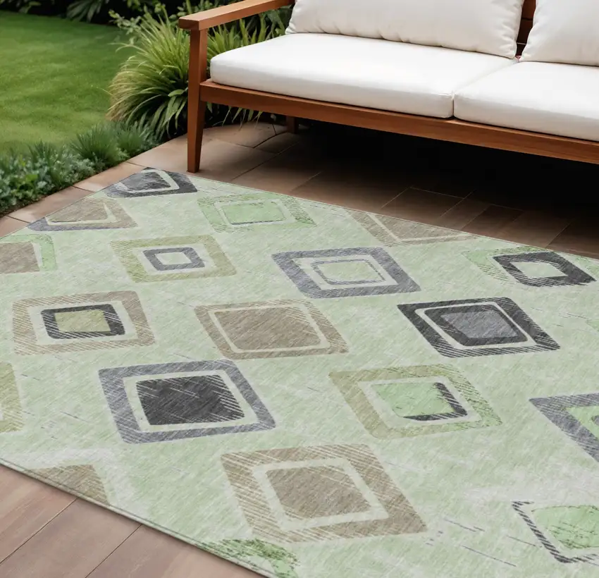 Artichoke Green Taupe And Gray Geometric Washable Indoor Outdoor Area Rug Photo 2