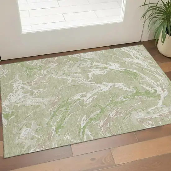 Artichoke Green Taupe And Ivory Abstract Washable Area Rug With UV Protection Photo 1