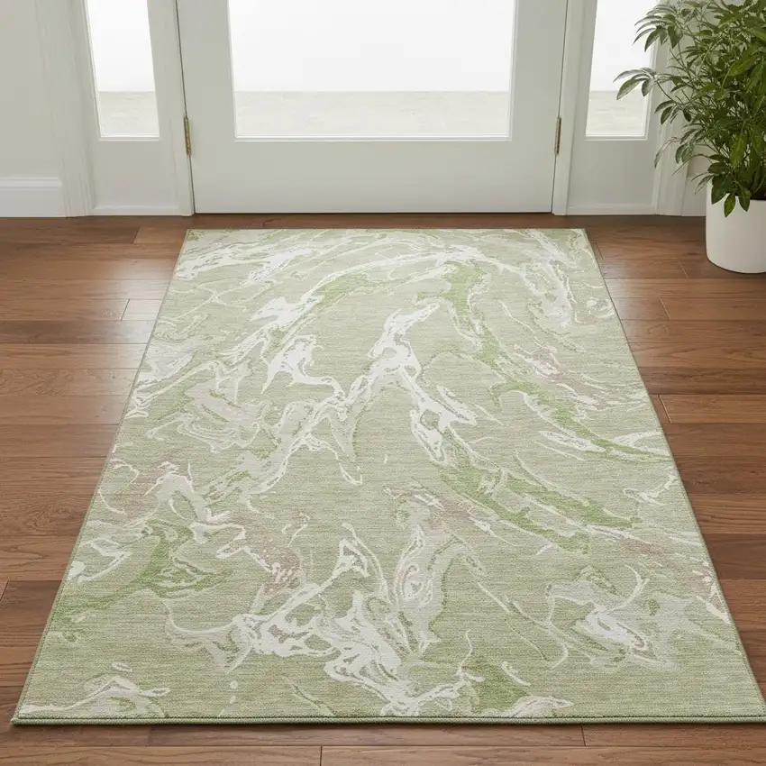 Artichoke Green Taupe And Ivory Abstract Washable Area Rug With UV Protection Photo 2