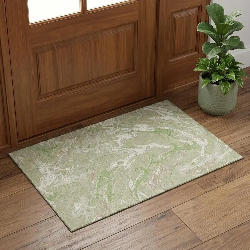 Artichoke Green Taupe And Ivory Abstract Washable Area Rug With UV Protection Photo 1