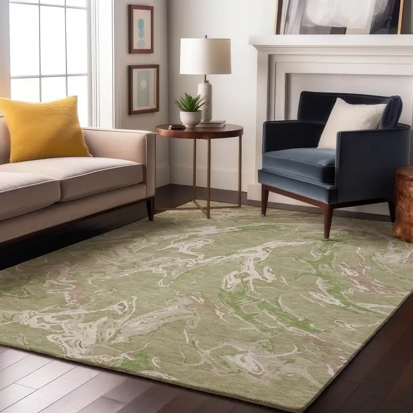 Artichoke Green Taupe And Ivory Abstract Washable Area Rug With UV Protection Photo 4
