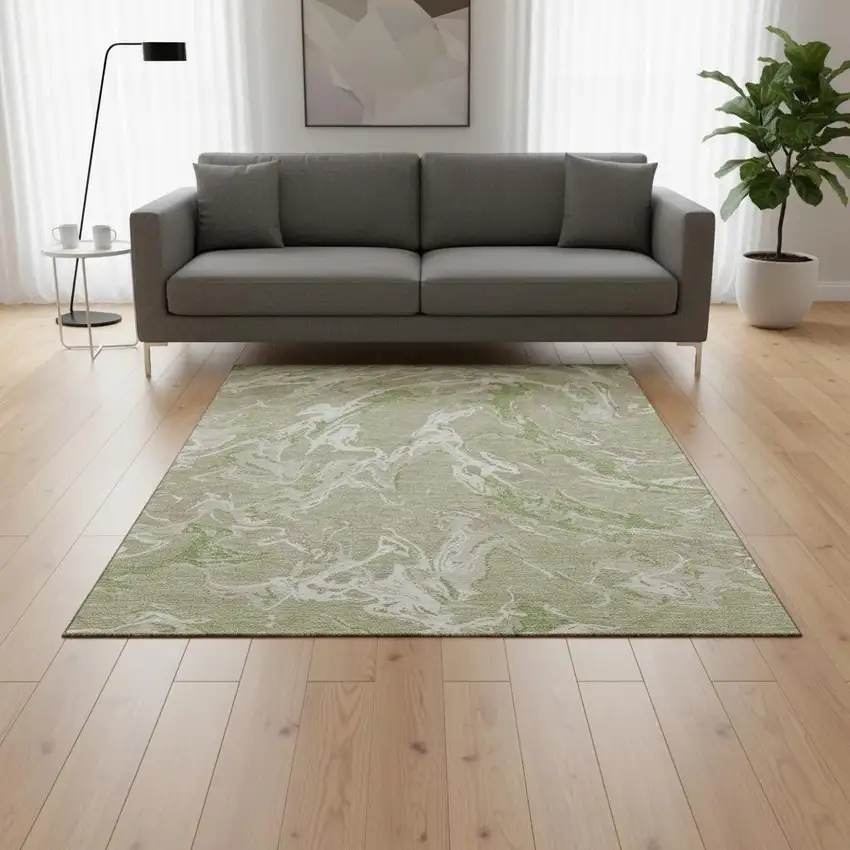 Artichoke Green Taupe And Ivory Abstract Washable Area Rug With UV Protection Photo 2