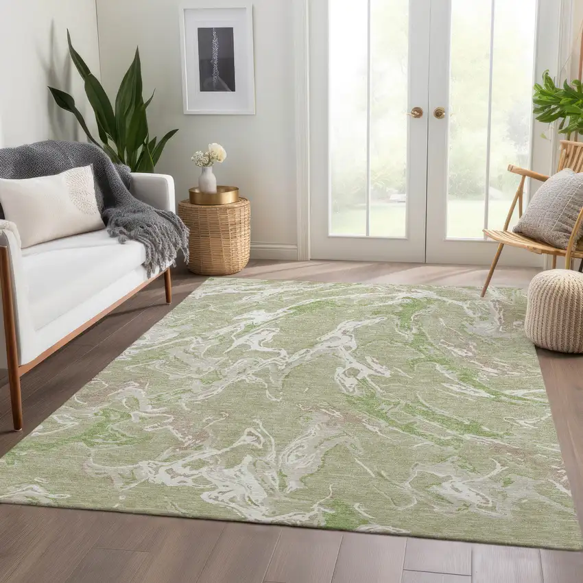Artichoke Green Taupe And Ivory Abstract Washable Area Rug With UV Protection Photo 4