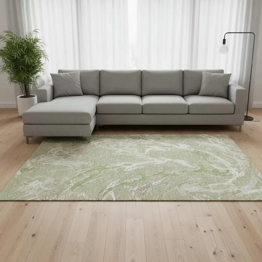 Artichoke Green Taupe And Ivory Abstract Washable Area Rug With UV Protection Photo 2