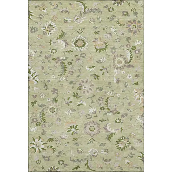 Artichoke Green Taupe And Ivory Floral Washable Area Rug With UV Protection Photo 1