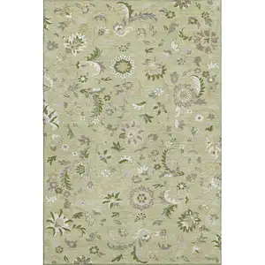 Photo of Artichoke Green Taupe And Ivory Floral Washable Area Rug With UV Protection