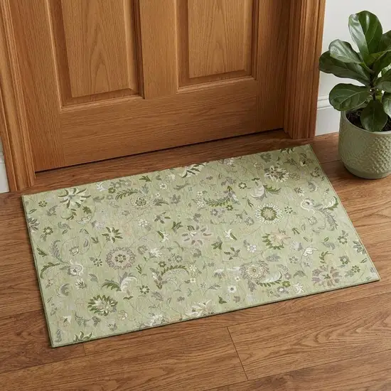 Artichoke Green Taupe And Ivory Floral Washable Area Rug With UV Protection Photo 1