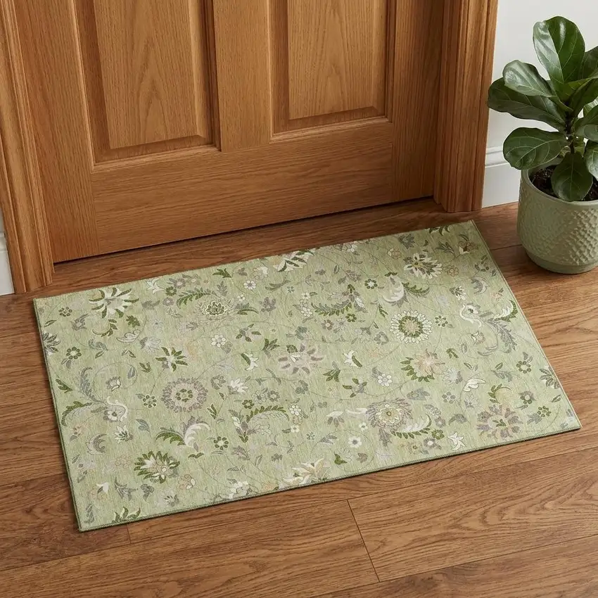 Artichoke Green Taupe And Ivory Floral Washable Area Rug With UV Protection Photo 1