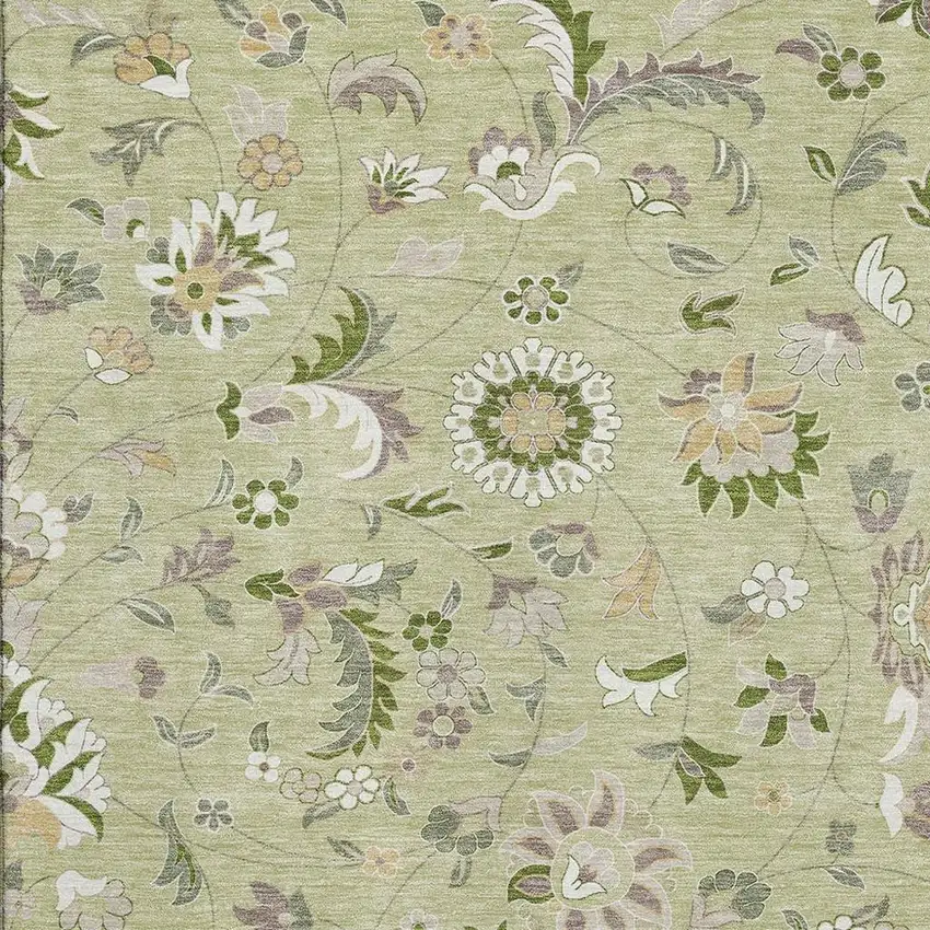 Artichoke Green Taupe And Ivory Floral Washable Area Rug With UV Protection Photo 2