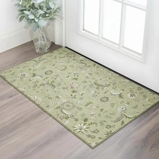 Artichoke Green Taupe And Ivory Floral Washable Area Rug With UV Protection Photo 2