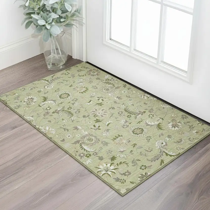 Artichoke Green Taupe And Ivory Floral Washable Area Rug With UV Protection Photo 2