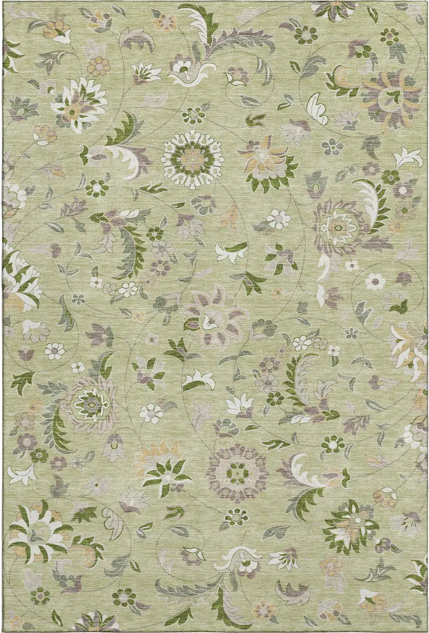 Artichoke Green Taupe And Ivory Floral Washable Area Rug With UV Protection Photo 1