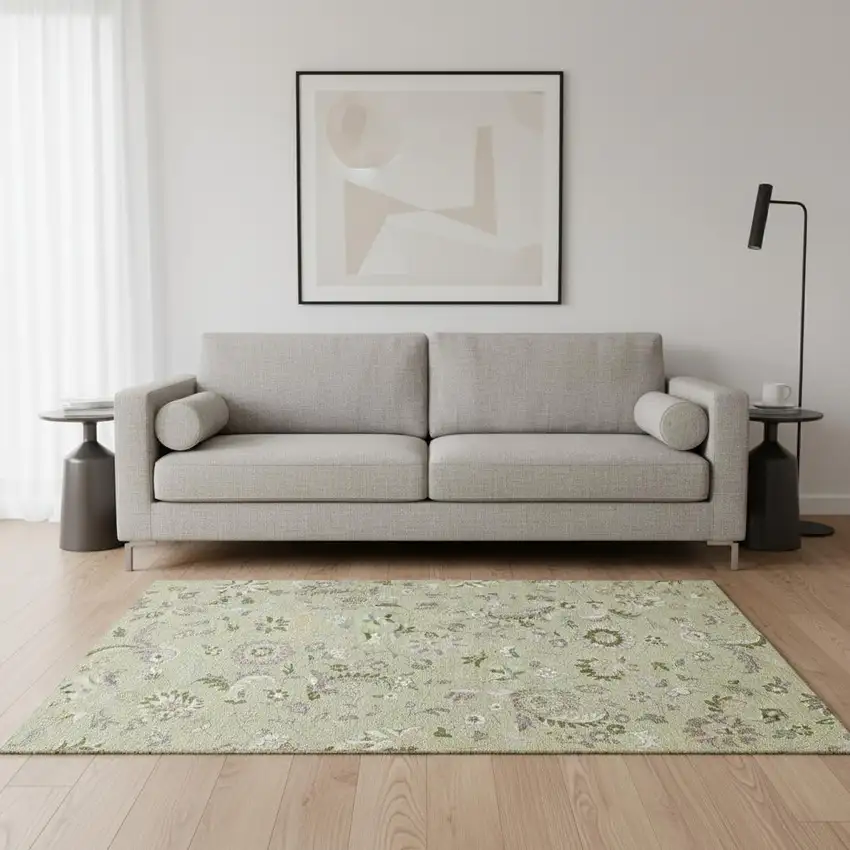 Artichoke Green Taupe And Ivory Floral Washable Area Rug With UV Protection Photo 2