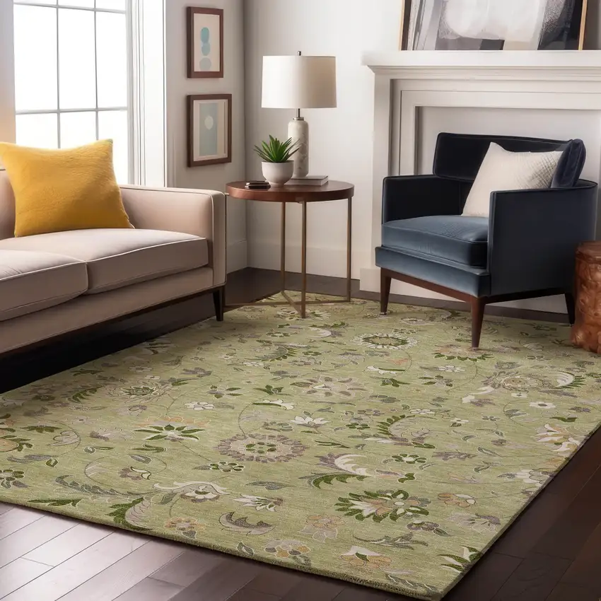 Artichoke Green Taupe And Ivory Floral Washable Area Rug With UV Protection Photo 4