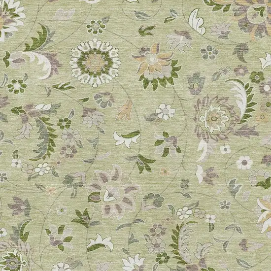 Artichoke Green Taupe And Ivory Floral Washable Area Rug With UV Protection Photo 2