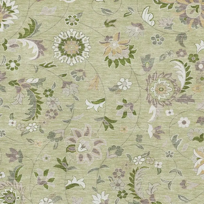 Artichoke Green Taupe And Ivory Floral Washable Area Rug With UV Protection Photo 2