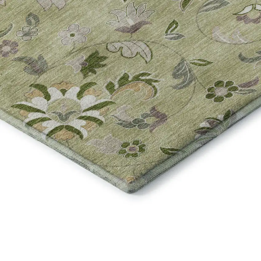 Artichoke Green Taupe And Ivory Floral Washable Area Rug With UV Protection Photo 8