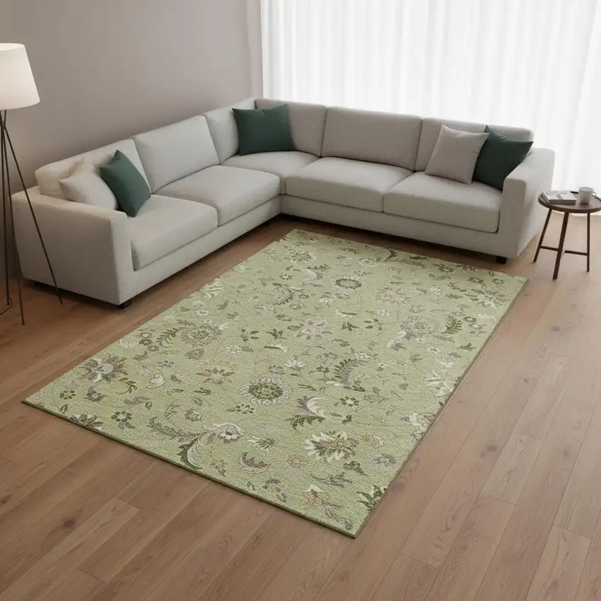 Artichoke Green Taupe And Ivory Floral Washable Area Rug With UV Protection Photo 2