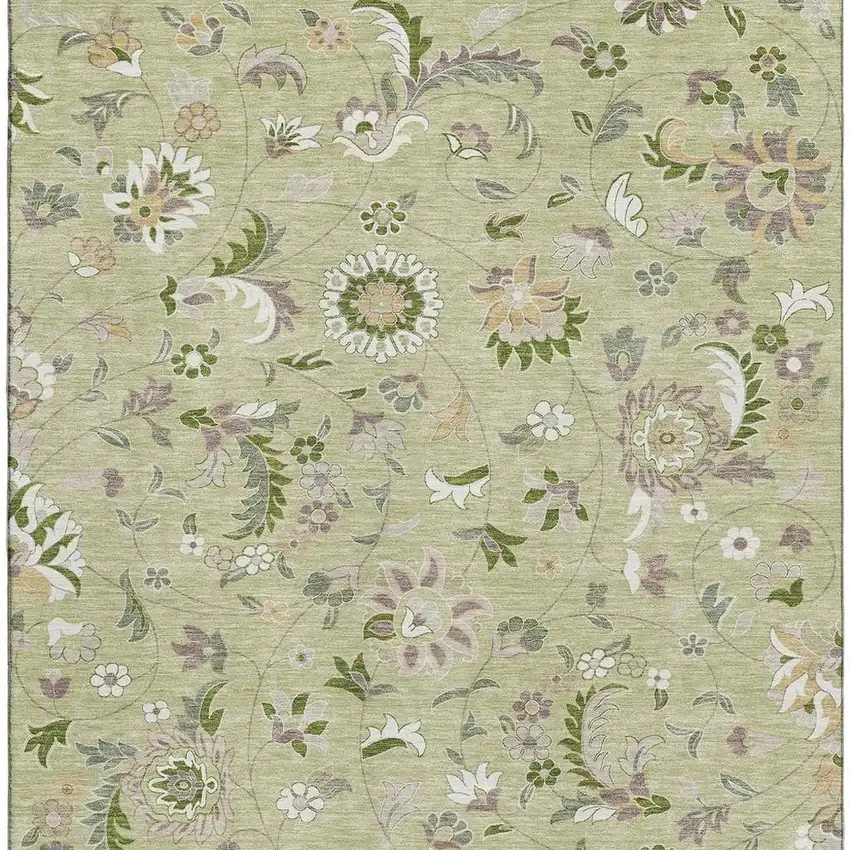Artichoke Green Taupe And Ivory Floral Washable Area Rug With UV Protection Photo 3