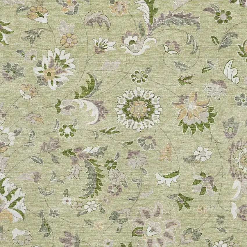 Artichoke Green Taupe And Ivory Floral Washable Area Rug With UV Protection Photo 2