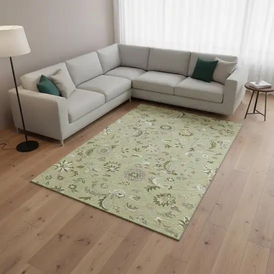Artichoke Green Taupe And Ivory Floral Washable Area Rug With UV Protection Photo 2