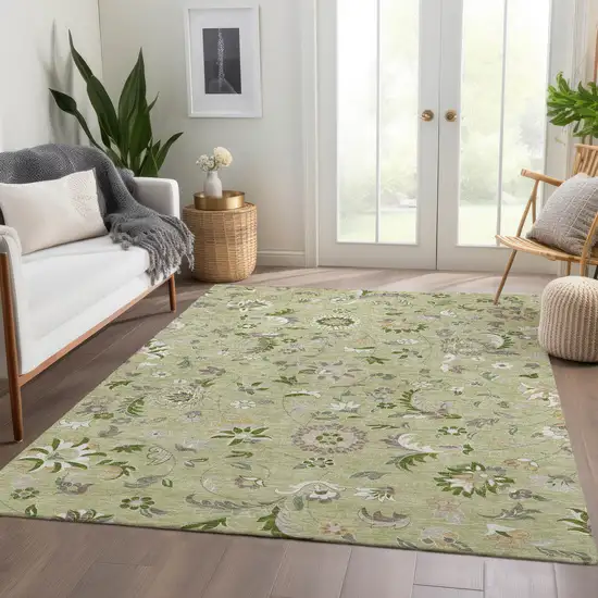 Artichoke Green Taupe And Ivory Floral Washable Area Rug With UV Protection Photo 5