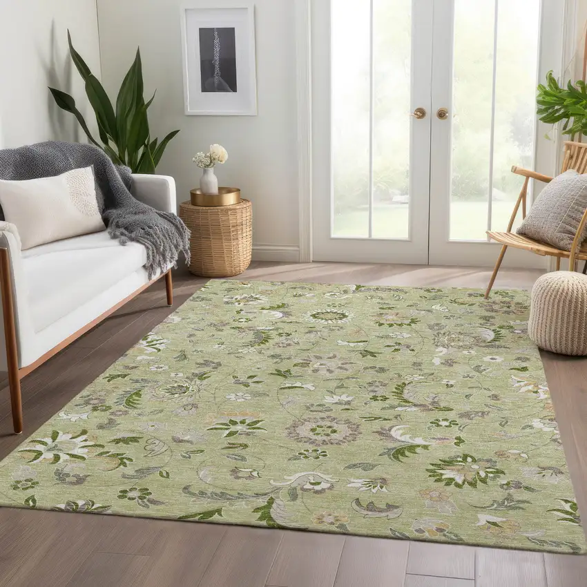 Artichoke Green Taupe And Ivory Floral Washable Area Rug With UV Protection Photo 5